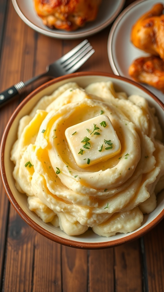 A bowl of creamy mashed potatoes with butter and herbs, served with roasted chicken on a rustic table.